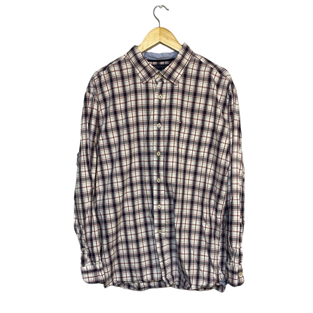Tommy Hilfiger Men’s Plaid Button Front Business Dress Shirt Red/Gray Size XL